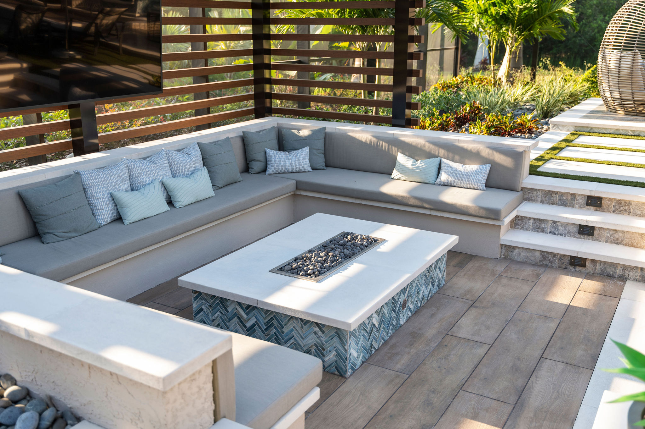 Outdoor Space Design with Fire Feature and Deep Seating by Solana Outdoor Living