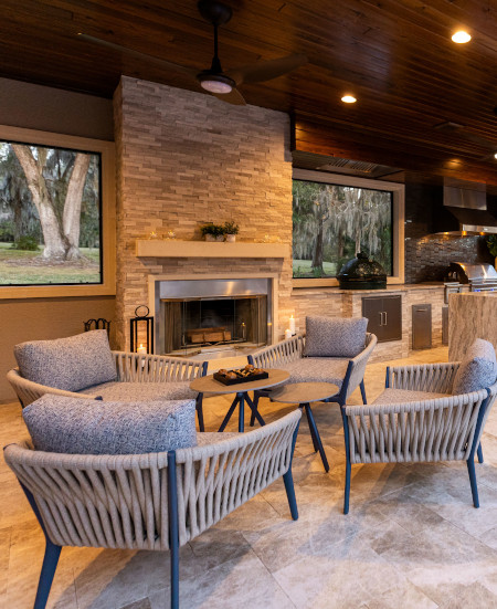 Comfortable and stylish Outdoor seating furniture arranged for conversations.